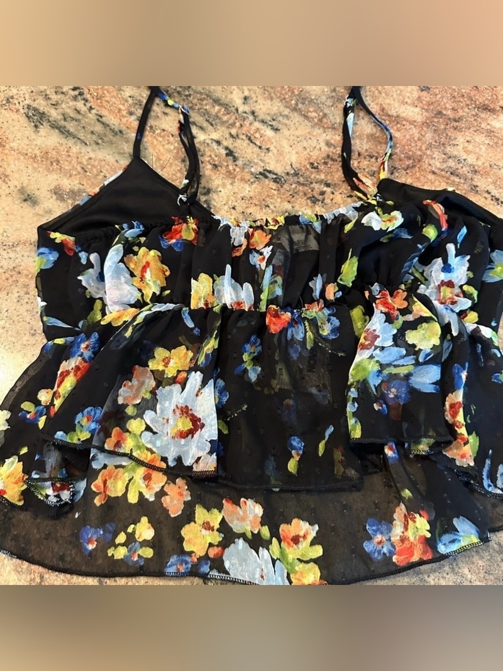 Floral Sheer Ruffle Cami Top - Black Multi